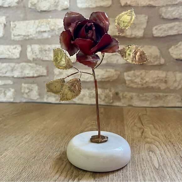 Vintage Single Rose Stem Painted Brass Copper Brutalist Metal Art Marble Base - Picture 5 of 16